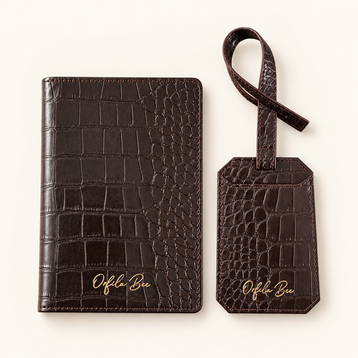 Cala Croc Vegan Leather Passport Holder & Luggage Tag Set in Espresso by Orfila Bee